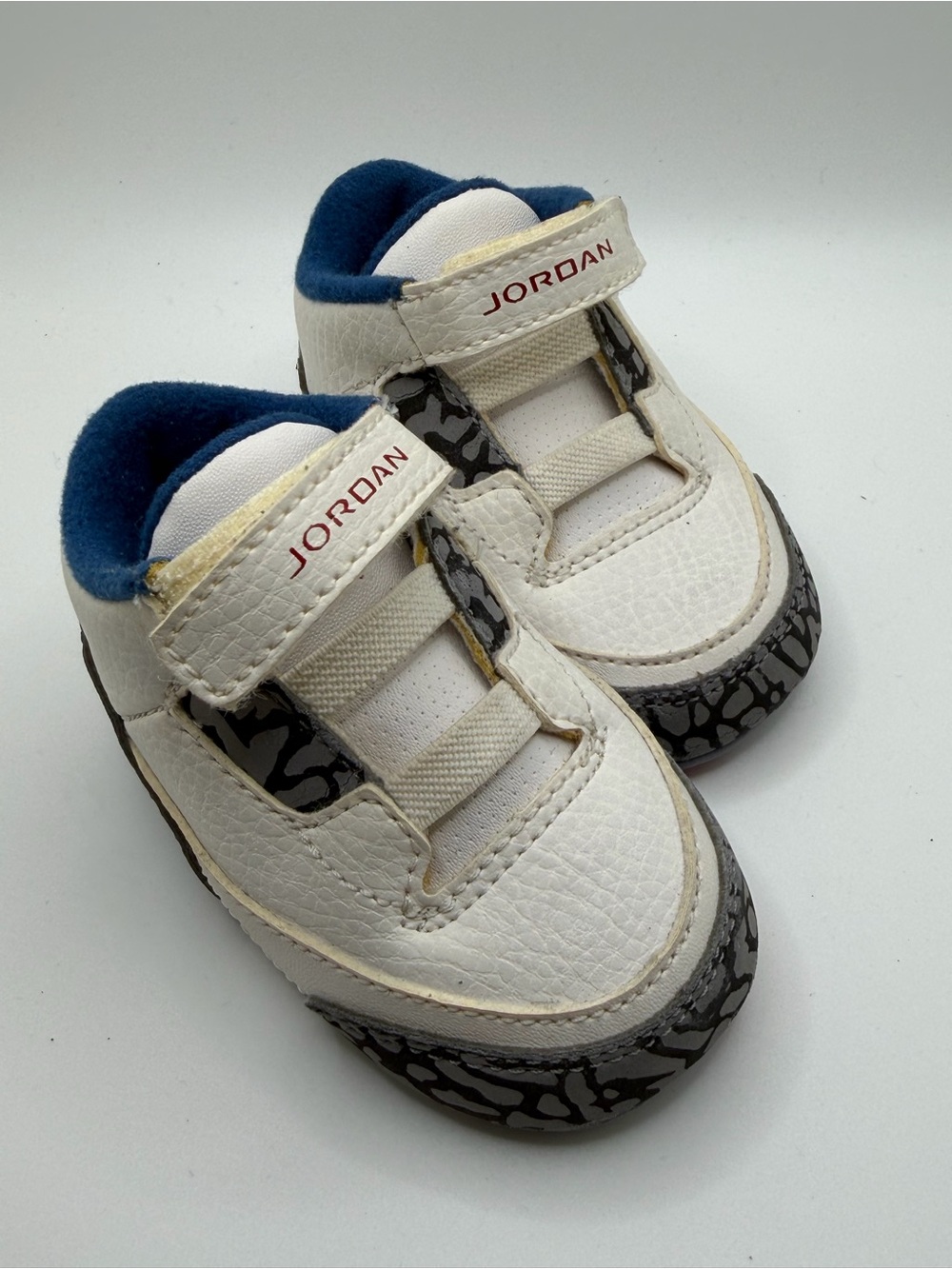 Jordan Baby Crib White Sneakers with Navy Lining and Gray Elephant Print